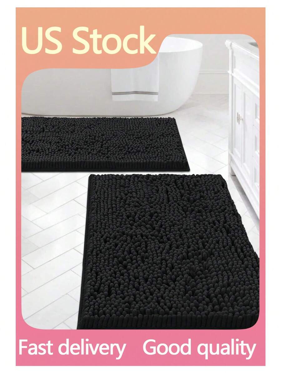 1pc Anti-Slip Long Plush Chenille Bathroom Rug, Super Soft And Absorbent, Machine Washable Home Bathroom Decor Floor Carpet Outdoor Rug Door Mat Summer Bathroom Accessories - Black - View 1