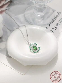 Cici Color 1件新的鉑金鍍s925銀嵌綠色方形莫內睡蓮形項鍊,適合女性日常派對、生活、約會、旅遊,並附有禮盒 - 銀色 - 查看 4