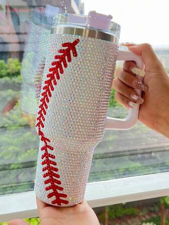 Crystal Baseball White/Red 40 OZ. Tumbler With Straw And Handle Back To School
