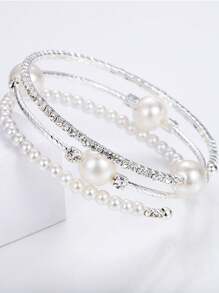 1pc Silver Water Drop Rhinestone & Faux Pearl Decor Bracelet, Suitable For Wedding, Party, And Daily Wear Elegant