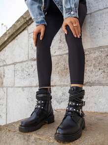 Women's Thick Sole Ankle Boots With Rhinestone Studs, Motorcycle Boots, Gothic Punk Style With Metal Decoration Chain And Zipper - Black - View 12