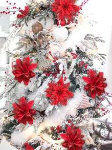 2pcs 5.5in Christmas Tree Decoration Flower Realistic Three-layer Gold Powder Christmas Flower Wreath Christmas Scene Decoration - Red - View 3