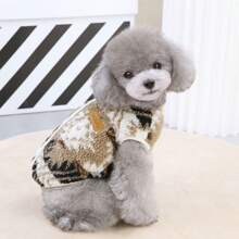 1件北歐風格棕色羊皮毛材質背開設計,雪花圖案保暖寵物馬甲,適用於9公斤以下的小狗/貓,室內/室外步行,防寒防脫毛 - 棕色 - 查看 5