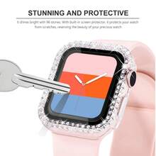 St.Siabe 2In1 女士和男士 I 时尚运动双排水钻带钢化膜兼容 Apple Watch 表壳 38mm 40mm 41mm 45mm 44mm 42mm 49mm，兼容 Apple Watch Ultra 系列 SE/9/8/7/6/5/4/3/2/1 表壳配件作为学生返校礼物 - 無色 - 查看 2