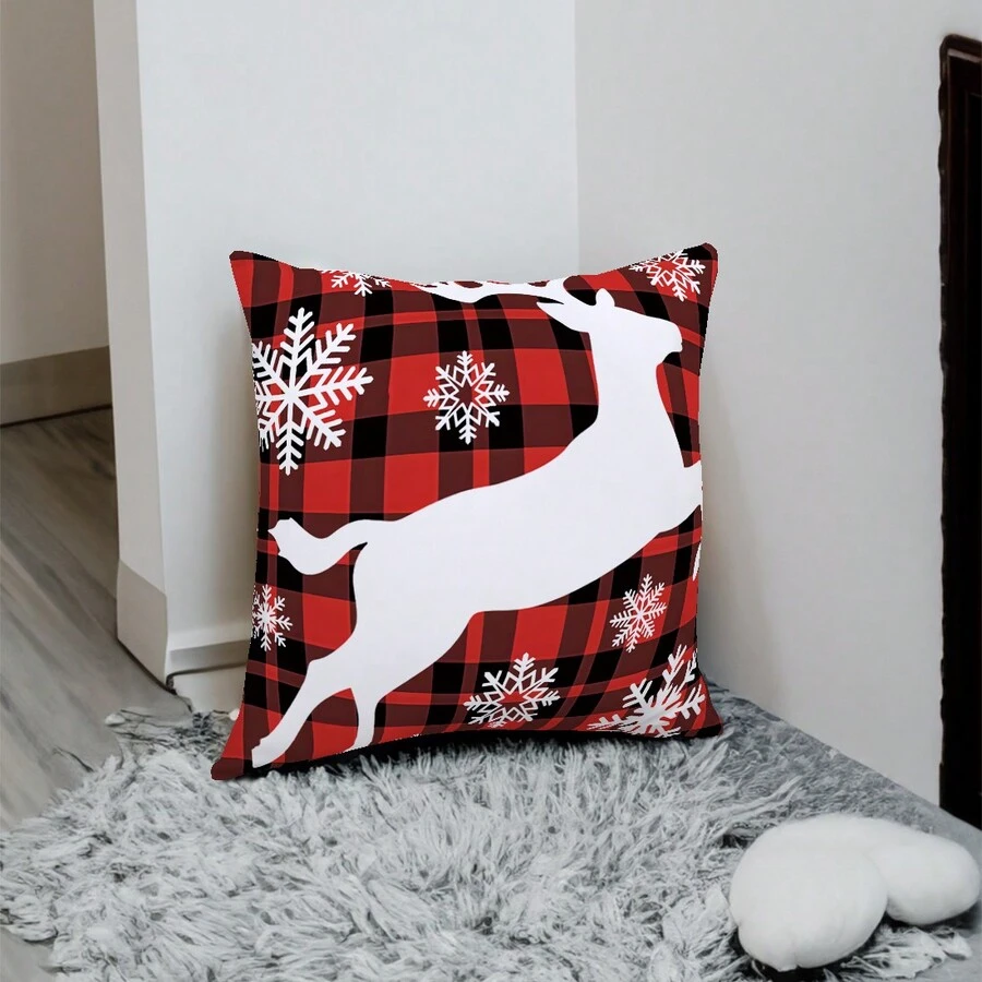 1pc Christmas Red Plaid Design Pillowcase - Red and White - View 1