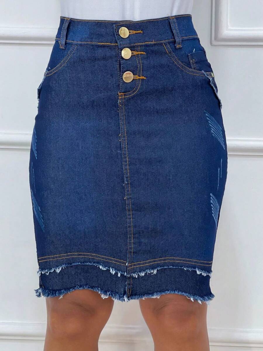 Women Denim Skirts - 深色水洗藍 - 查看 1