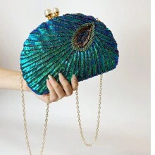 Glitter Vintage Sequins Decor Clutch Wallet, Classic Peacock Feather Pattern Evening Bag, Women's Shiny Satchel Bag For Party, Dinner, Wedding Prom - Blue - View 7
