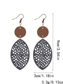 木片和pu皮革中空設計耳環和吊墜項鏈套裝,適用於女性