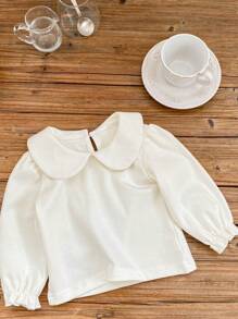 Spring/Autumn Baby Girls' Basic T-Shirt, Fashion Peter Pan Collar Long-Sleeved Solid Color Top, Pullover Undershirt - White - View 1