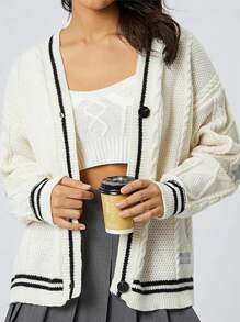 Cárdigan de hombros delantera abierta cable ribete caídos tejido de rayas con estampado de estrella - Beis - Ver 2