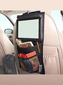 車後座收納適用於兒童帶透明觸控式螢幕平板電腦支架和2收納口袋,車後座保護裝置踢腳墊收納,車配件通用收納袋網狀 - 黑色 - 查看 2