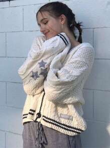 Cárdigan de hombros delantera abierta cable ribete caídos tejido de rayas con estampado de estrella - Beis - Ver 3