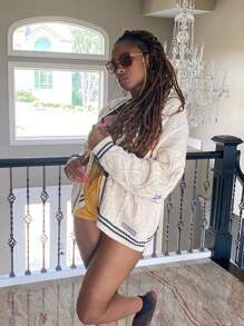 Cárdigan de hombros delantera abierta cable ribete caídos tejido de rayas con estampado de estrella - Beis - Ver 7