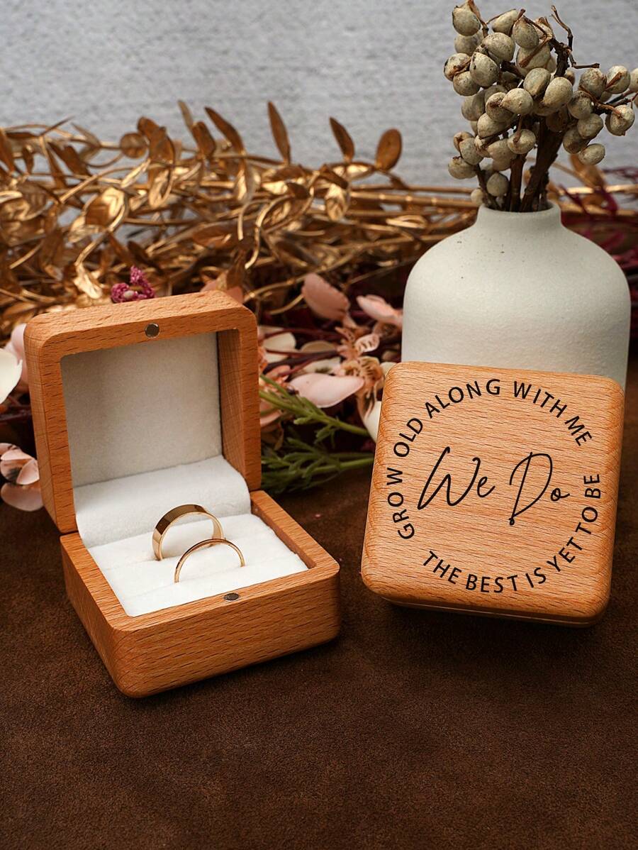 1pc Carved Wooden 'we Do' Pattern Ring Box For Proposal, Wedding Anniversary Gift And Jewelry Storage - Beech - View 1