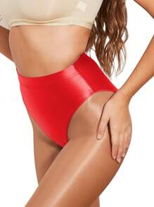 女式性感內褲緞面光面尼龍氨綸短褲閃亮絲質光滑內褲高腰緊身褲內褲紅色 - 紅色 - 查看 1