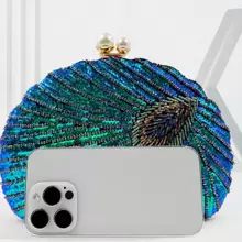 Glitter Vintage Sequins Decor Clutch Wallet, Classic Peacock Feather Pattern Evening Bag, Women's Shiny Satchel Bag For Party, Dinner, Wedding Prom - Blue - View 5