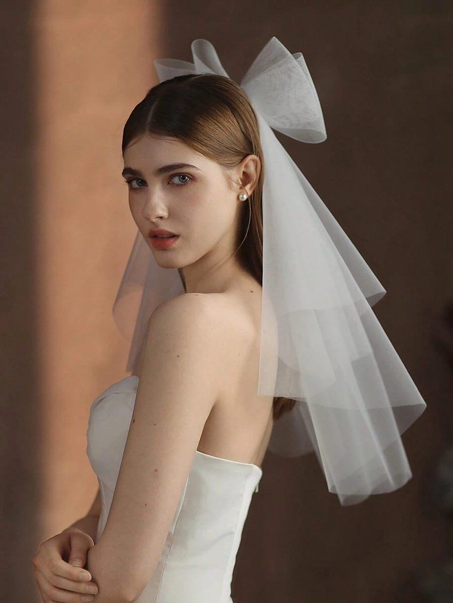 1件装女士白色双层弹力网状发梳，带蝴蝶结，适合新娘/婚礼/派对/旅行，秋季服装，女士情人节配饰