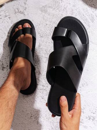 男士户外派对商务休闲一脚蹬露趾透气纯色高端时尚百搭平底凉鞋