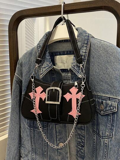 Fashion Chain Decor Printed Leather Strap Buckle Shoulder Bag