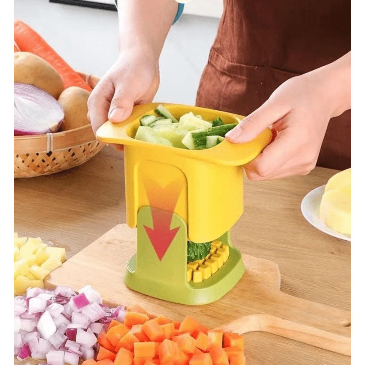 Picador Cortador Verduras Presión Manual Desarmable Facil Lavado Cortadora De Papas Etc - Amarillo - Ver 1