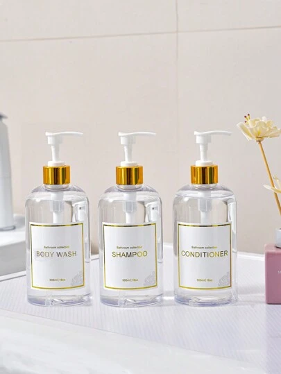 3pcs Refillable Bathroom Shower Dispenser Set With Pump, Clear Shampoo, Conditioner, Body Wash, And Bath Soap Dispenser Bottles - Clear Home Bathroom Decor Fall Decor Back To School