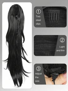 長波浪馬尾辮延長夾抽繩黑色馬尾辮頭髮合成假髮 24 英寸水波馬尾辮女式假髮適合日常約會使用
