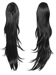 長波浪馬尾辮延長夾抽繩黑色馬尾辮頭髮合成假髮 24 英寸水波馬尾辮女式假髮適合日常約會使用