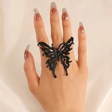 1pc 3d Liquid Alloy Large Butterfly Shaped Open Ring With Vintage & Unique & Exaggerated Style For Halloween - Black - View 1