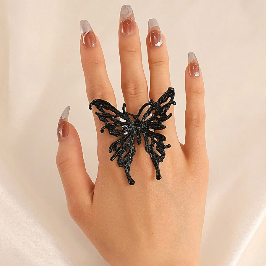1pc 3d Liquid Alloy Large Butterfly Shaped Open Ring With Vintage & Unique & Exaggerated Style For Halloween - Black - View 1