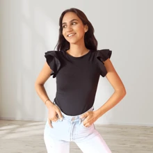 blusa con mangas de olanes ajustado body casual elegante manga corta moda para dama unicolor - Negro - Ver 3