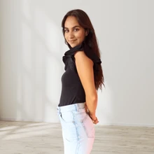 blusa con mangas de olanes ajustado body casual elegante manga corta moda para dama unicolor - Negro - Ver 5