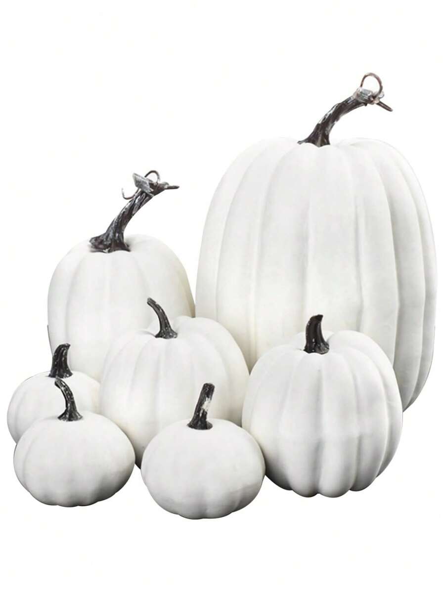 7/8 Pcs Assorted Sizes Artificial Fake Orange Pumpkins Large Faux Harvest Pumpkins For Fall Thanksgiving Halloween Seasonal Holiday Decor - White - View 1