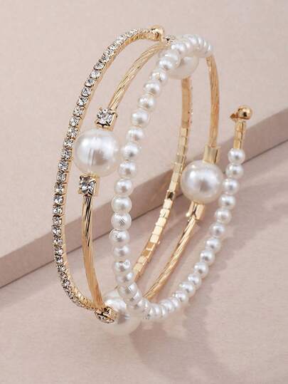 1pc Gold Color Rhinestone & Faux Pearl Decor Bracelet For Wedding, Party, Daily Wear Elegant Back To School