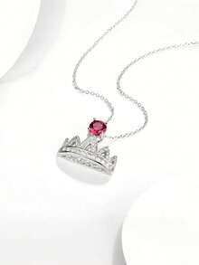 1片的S925純銀新款純銀項鍊女性皇冠帶寶石時尚簡約寶石項鍊