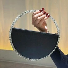 Rhinestone Round Ring Evening Bag, Faux Leather Clutch Purse, Women's Elegant Handbags For Party Prom Wedding - Black - View 3