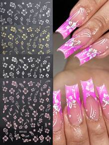 4入組全息印花木槿花美甲貼紙，彩色花瓣葉片滑塊，可用於Y2K設計修指甲和裝飾，DIY美甲 - 彩色 - 查看 2