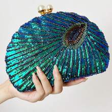 Glitter Vintage Sequins Decor Clutch Wallet, Classic Peacock Feather Pattern Evening Bag, Women's Shiny Satchel Bag For Party, Dinner, Wedding Prom - Blue - View 8