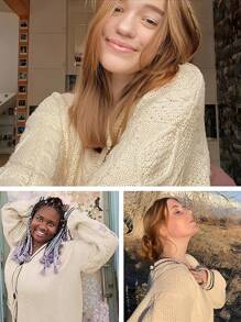 Cárdigan de hombros delantera abierta cable ribete caídos tejido de rayas con estampado de estrella - Beis - Ver 9