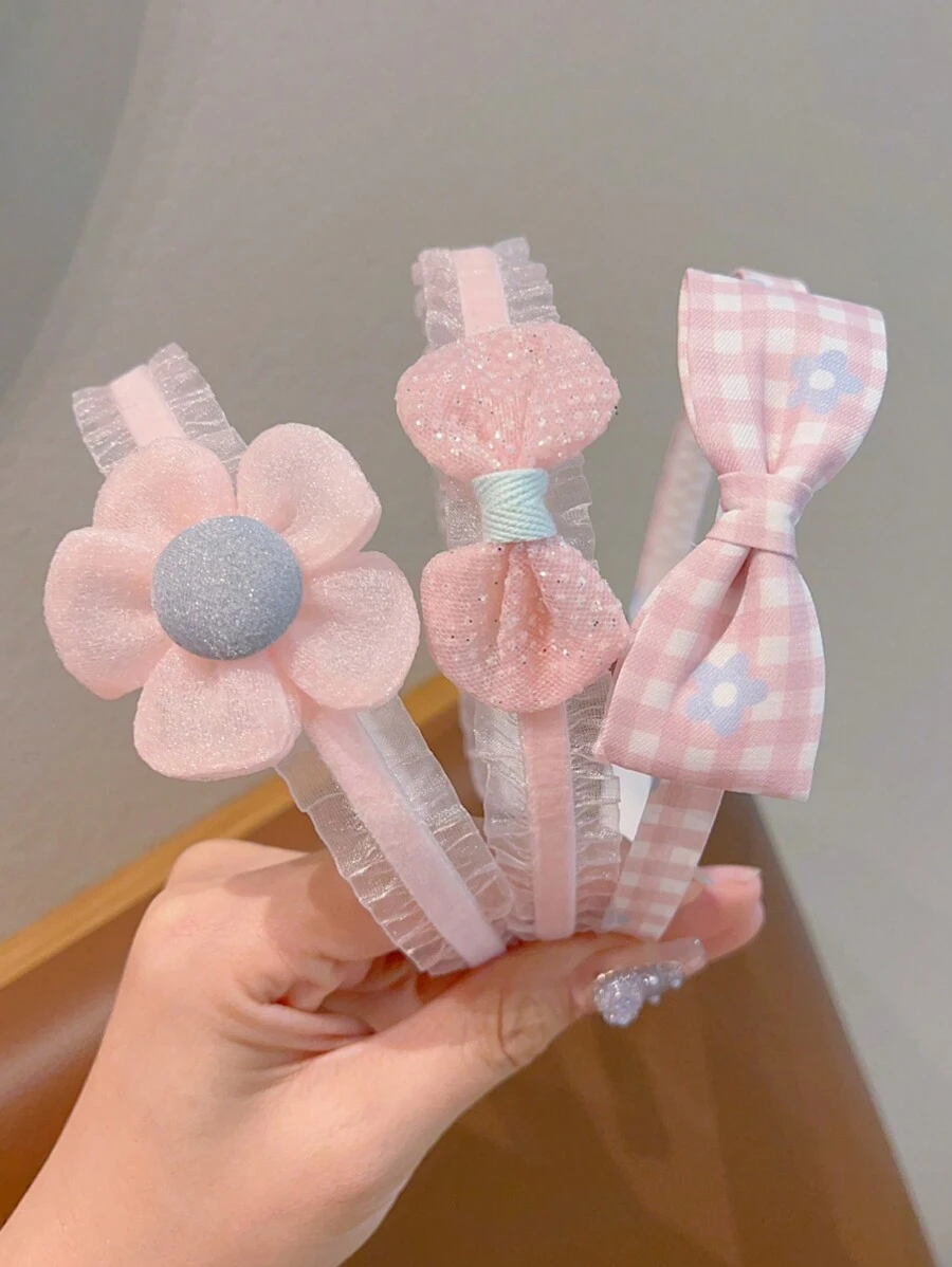 3个装女孩可爱蝴蝶结发带，适合日常佩戴 - 粉色 - 查看 1