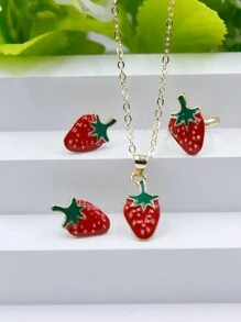 4 件裝紅色和油滴水果形狀草莓吊墜項鍊、戒指、耳環套裝,完美的節日禮物