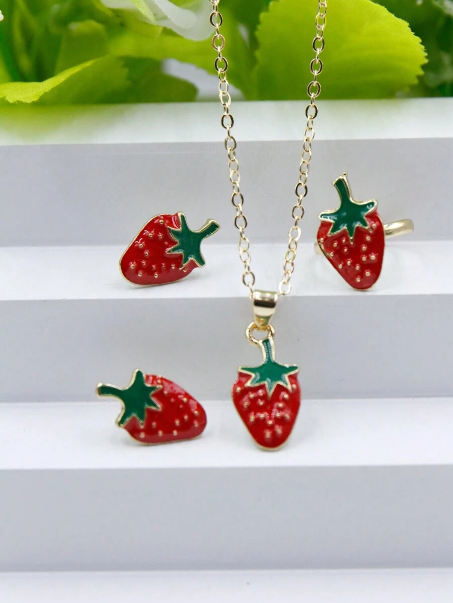 4 件裝紅色和油滴水果形狀草莓吊墜項鍊、戒指、耳環套裝,完美的節日禮物