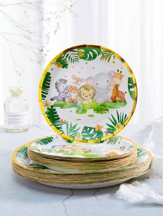 10入組/組一次性餐盤，7/9 吋卡通動物圖案野生派對用品，狩獵生日用品，叢林盤，派對紙盤，適合狩獵盤嬰兒淋浴餐具