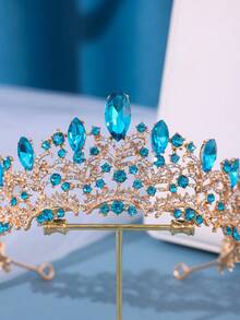 1pc Gold-tone Bridal Tiara Adorned With Light Blue Rhinestones - Blue - View 2