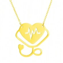 1件女性醫用聽診器項鍊,不銹鋼心跳鏈條鍊,銀色,金色情感心形吊墜頸鍊,護士、醫生日常配飾