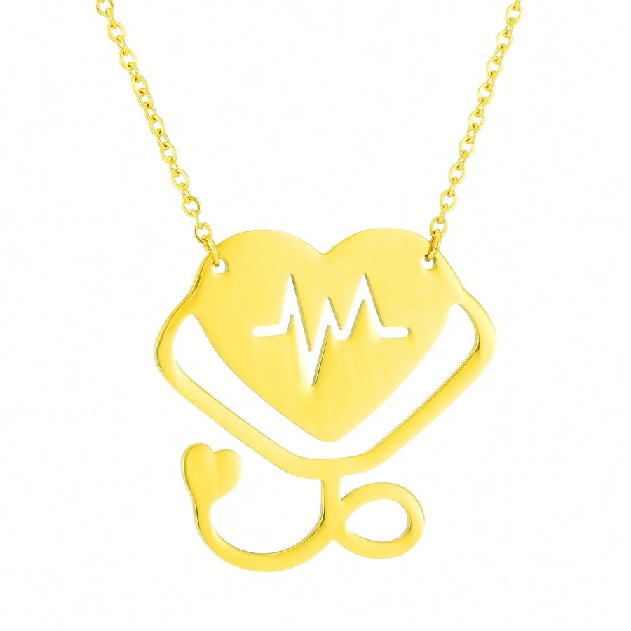 1件女性醫用聽診器項鍊,不銹鋼心跳鏈條鍊,銀色,金色情感心形吊墜頸鍊,護士、醫生日常配飾