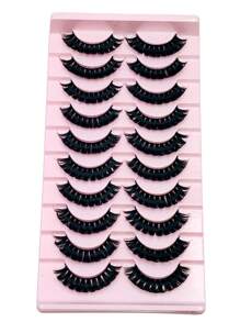 Asiteo 10 Pairs Russian D-Curl Fluffy False Eyelashes, Soft & Voluminous, Natural Look & Reusable Faux Mink Eyelashes, Strip Lashes - Black - View 2