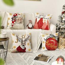 4pcs/set Christmas Santa Claus, Reindeer, Snowflake, Bell And Greeting Pattern Printed Polyester Pillow Covers, No Filling - Red - View 3