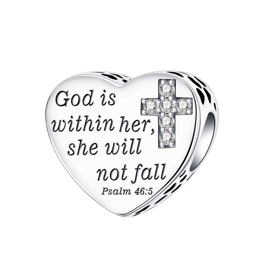 Silver-Plated Heart Cross Rhinestone Pendant Charm, Meaning "God In Her Heart", Suitable For Women Bracelet DIY Jewelry - Silver - View 1