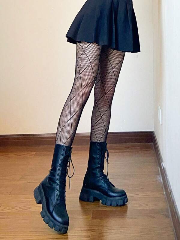 1 Pair Of Black Hollow Fishnet Stockings With Cross Lines And Square Black Stockings In Spring And Autumn Thin Pantyhose