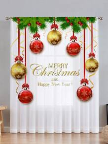 1pc Christmas Decorative Sheer Curtain, Christmas Balloon Snowflake Christmas Tree Christmas Ball Christmas Print Curtain Sheer, Rod Pocket Printed Curtain Window Decor For Bedroom, Office, Kitchen, Living Room, Home Decor, Christmas Holiday, Translucent Red Christmas Ball Print - Multicolor - View 1